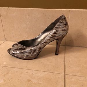 Pair of Anne Klein silver patterned peep toe pumps